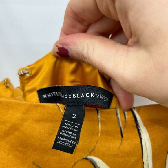 White House Black Market Yellow Tropical Fit & Flare Palm Print Midi Dress 2 - Picture 7 of 7